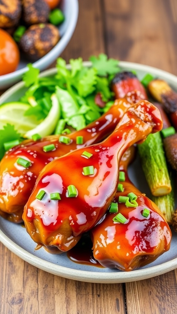 Spicy honey garlic drumsticks on a plate, garnished with green onions, served with salad and roasted vegetables.